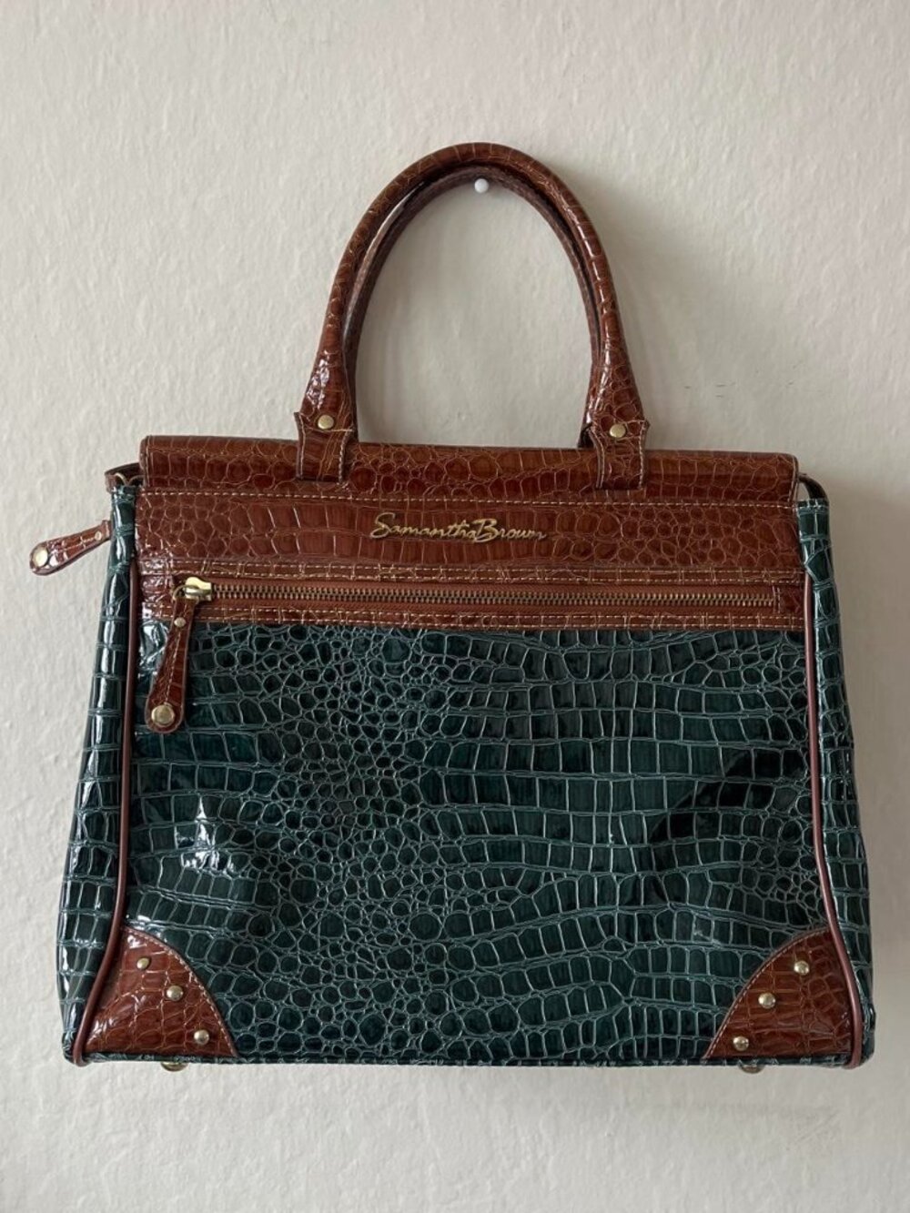 Samantha Brown Green Brown Croc Embossed Travel Tote Bag